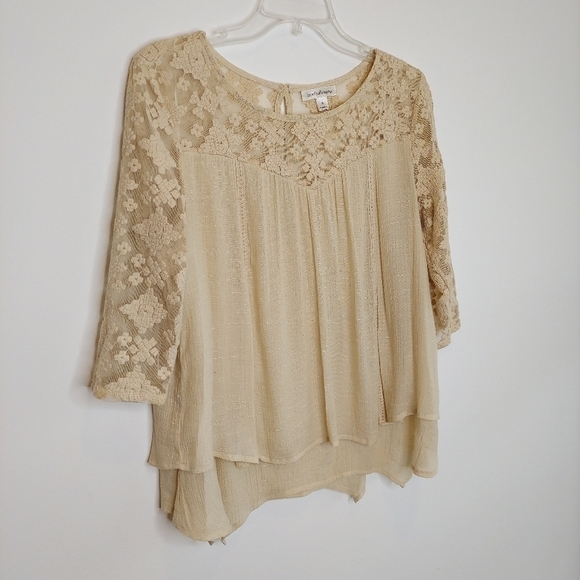 JohnPaulRichard Top Blouse Peasant Boho Penny Lane Tunic Lace Beige Tan Small - Picture 3 of 13